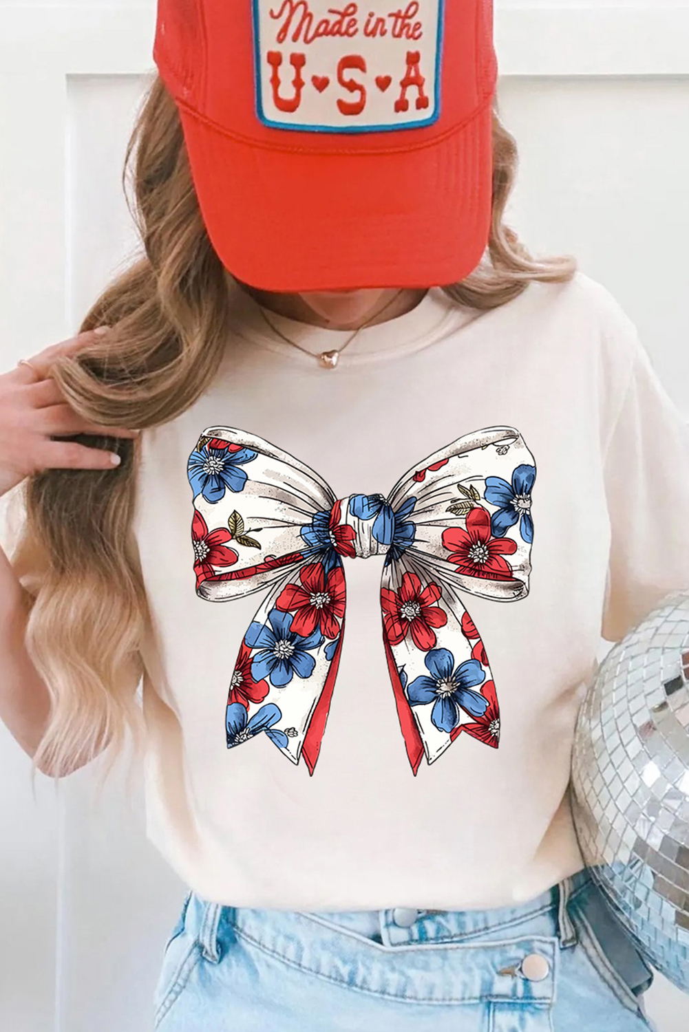 White July 4th Flower Bowknot Print Crew Neck T Shirt - loveforevers
