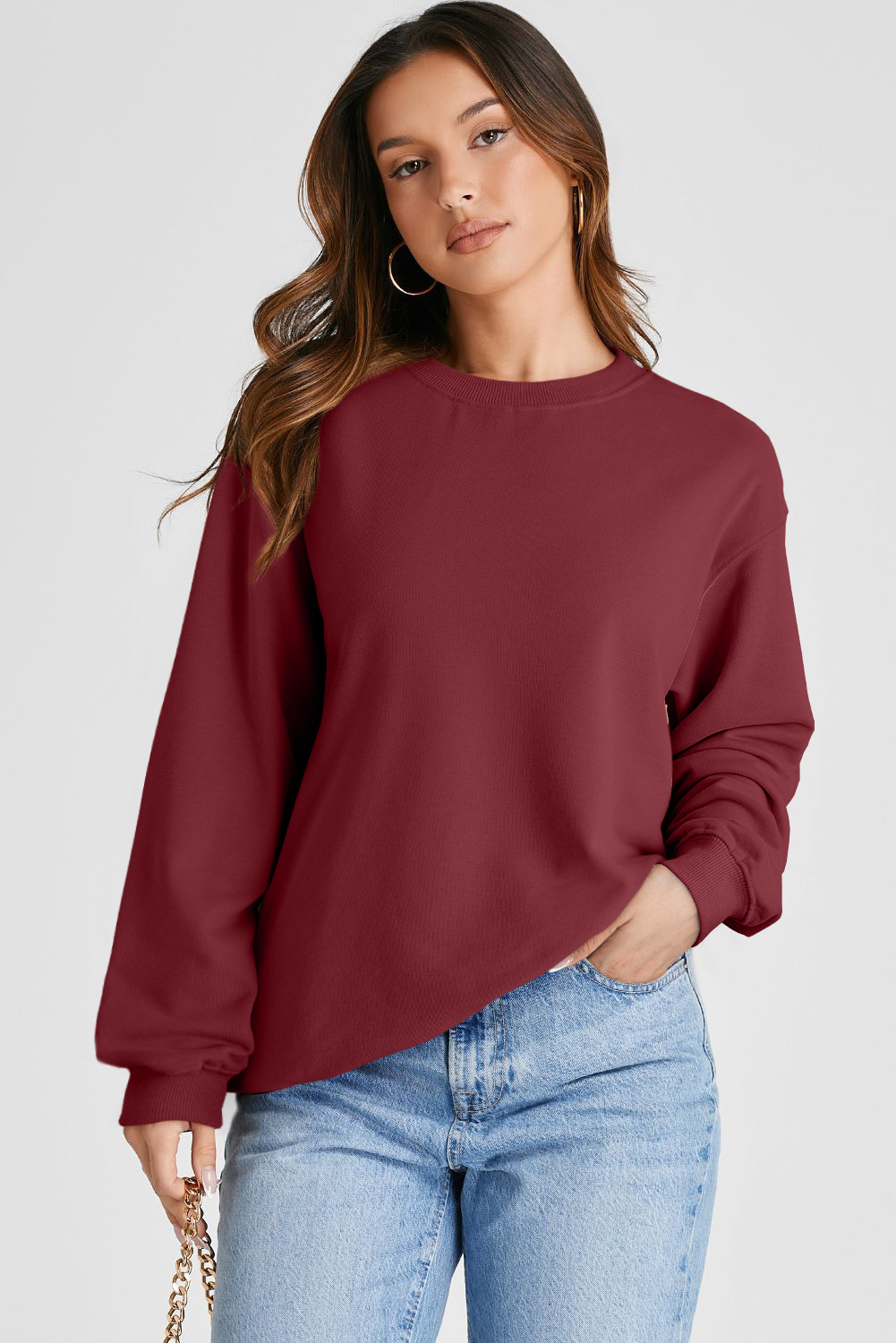 Navy Blue Plain Drop Shoulder Crewneck Pullover Sweatshirt - loveforevers
