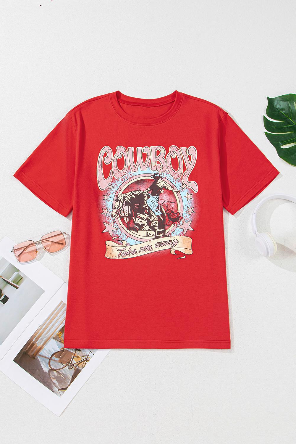 Tomato Red COWBOY Take Me Away Graphic Western Loose Tee - loveforevers