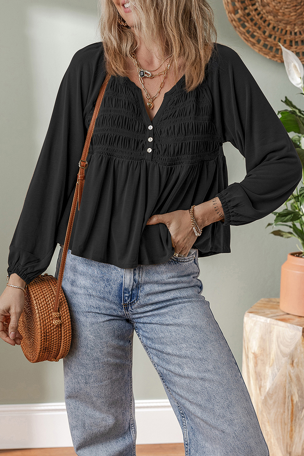 Black Smocked Bust Buttoned Split V Neck Flow Fit Blouse - loveforevers