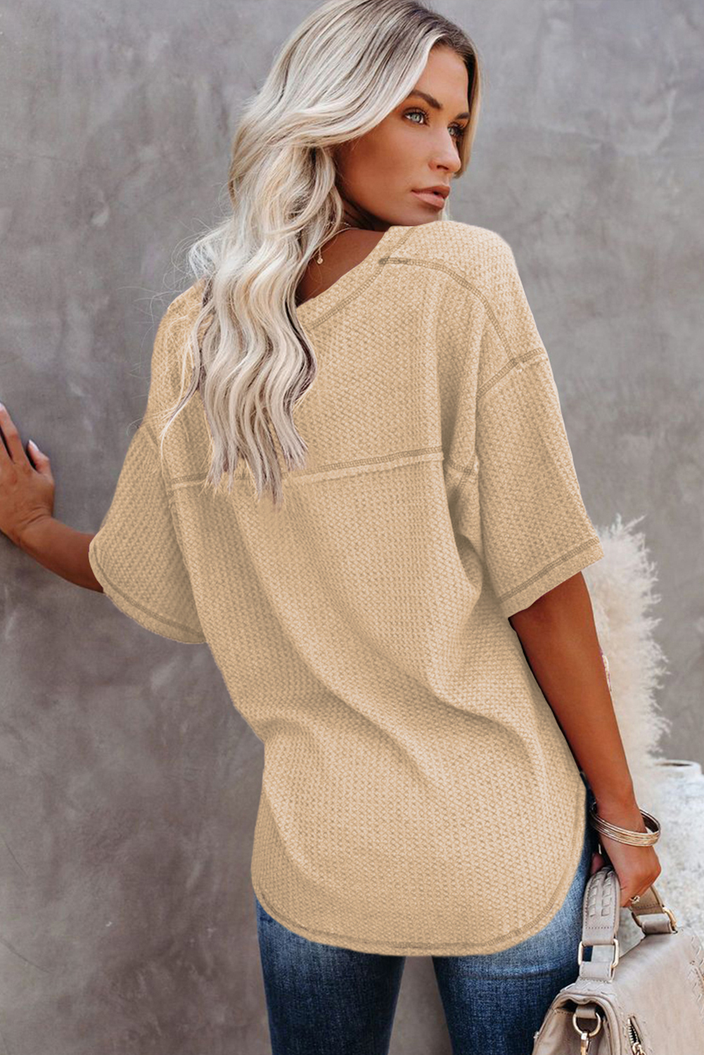 White Exposed Seam Half Sleeve Knitted V Neck Textured Top - loveforevers