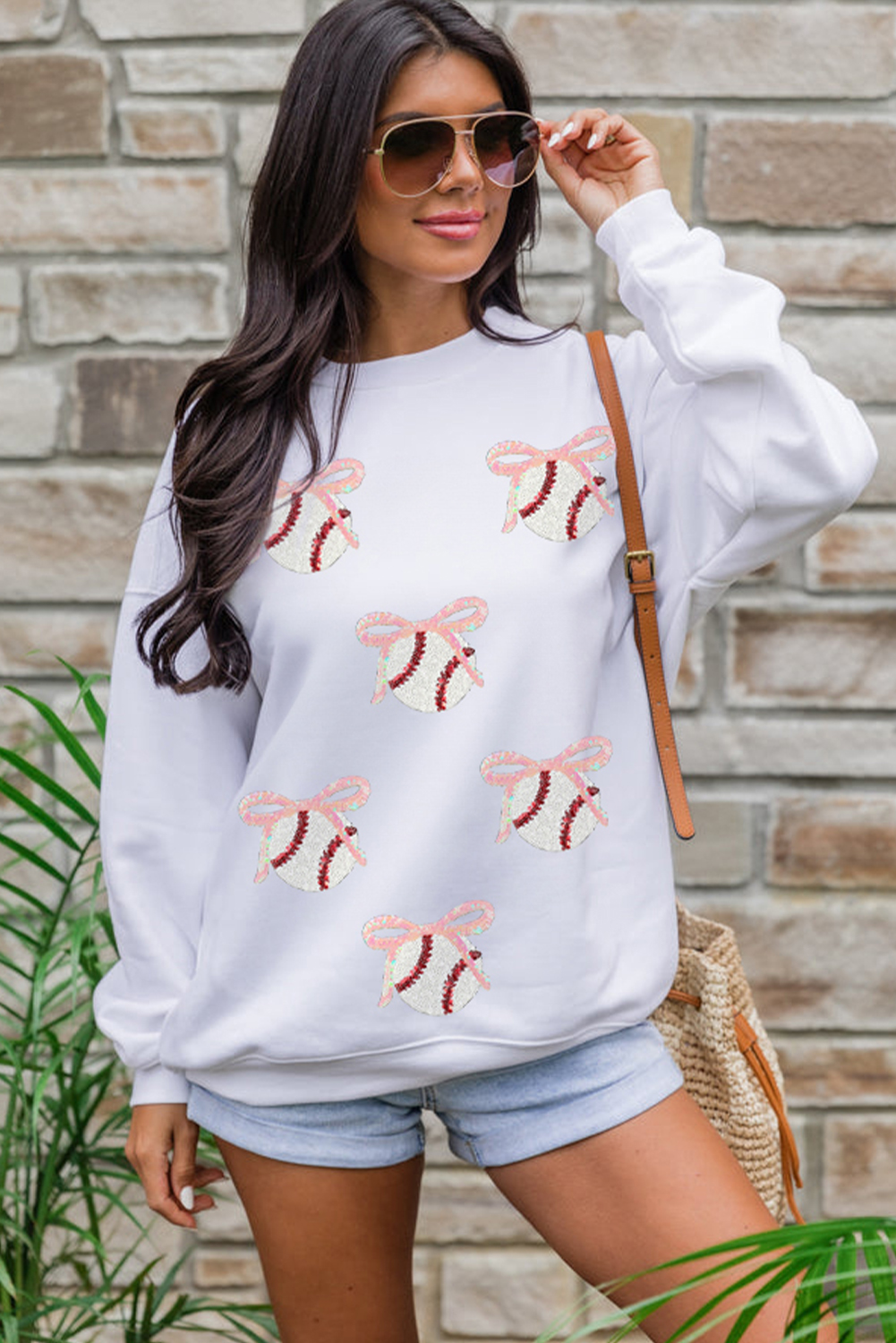 White Sequin Bow Baseball Patched Casual Sweatshirt - loveforevers
