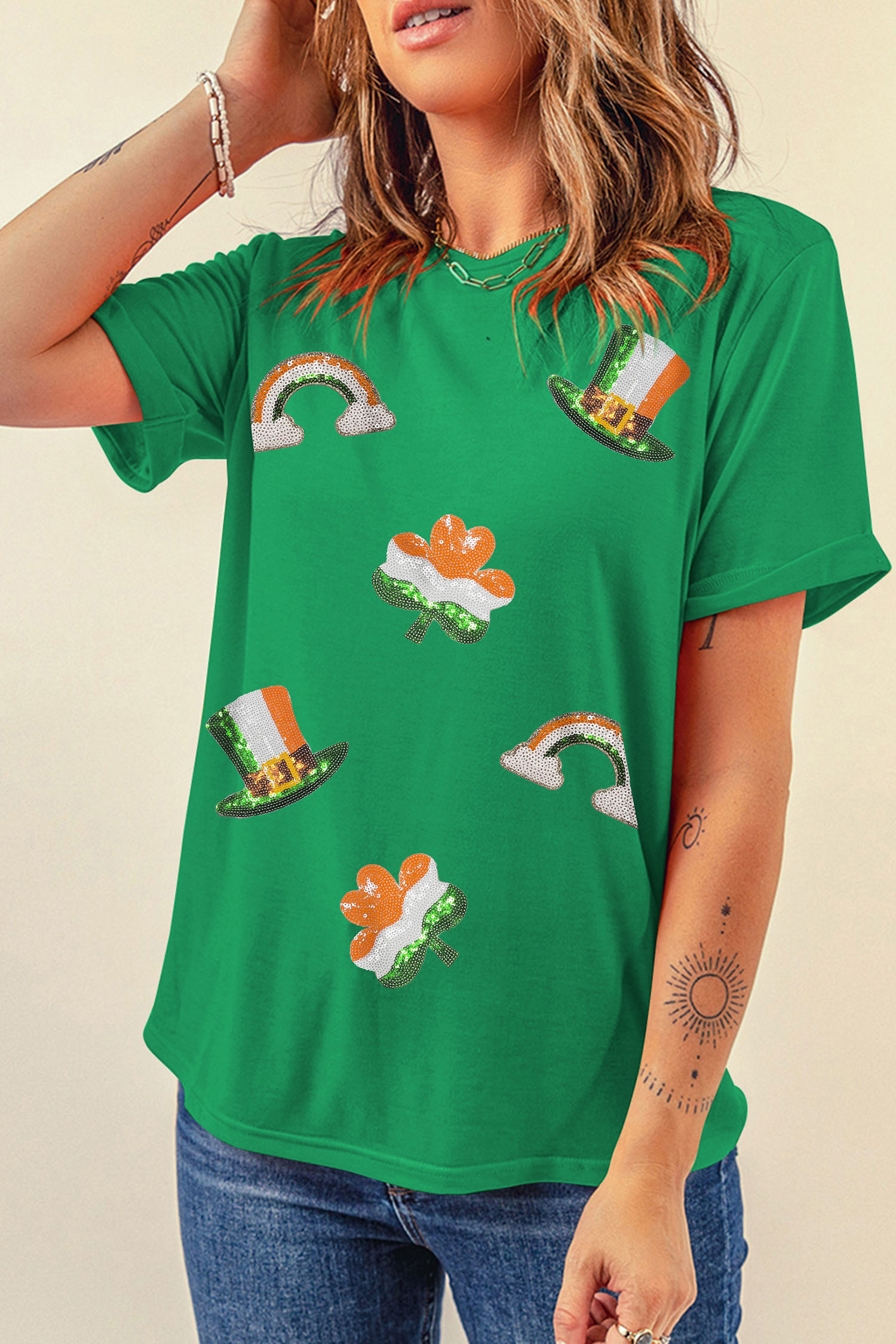 Bright Green St Patricks Day Elements Sequin Graphic Tee - loveforevers