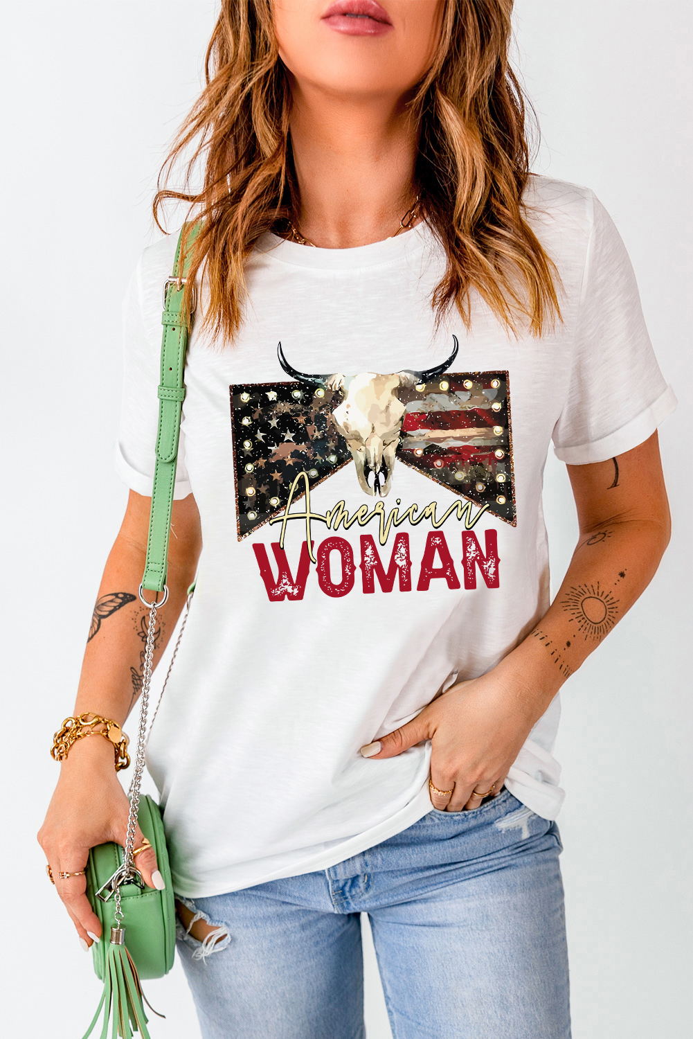 White American Woman Bull Skull Graphic T Shirt - loveforevers