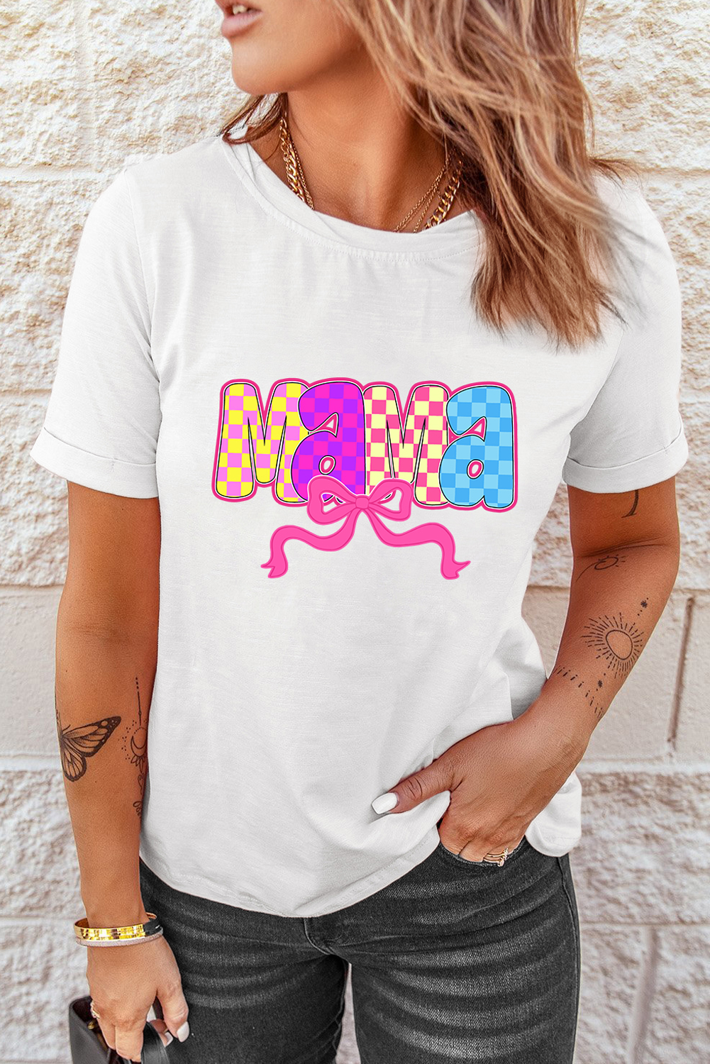 White MAMA Checkered Bow Knot Print Crewneck T Shirt - loveforevers