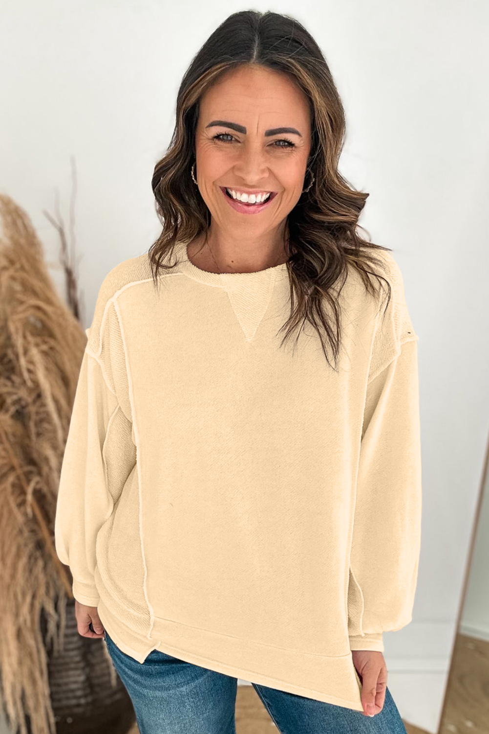 Beige Splicing Round Neck Pullover Sweatshirt - loveforevers