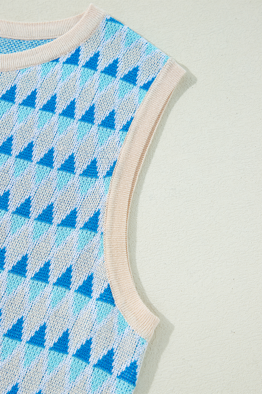 Sky Blue Stripe Geometric Print Round Neck Slim Fit Sweater Vest - loveforevers