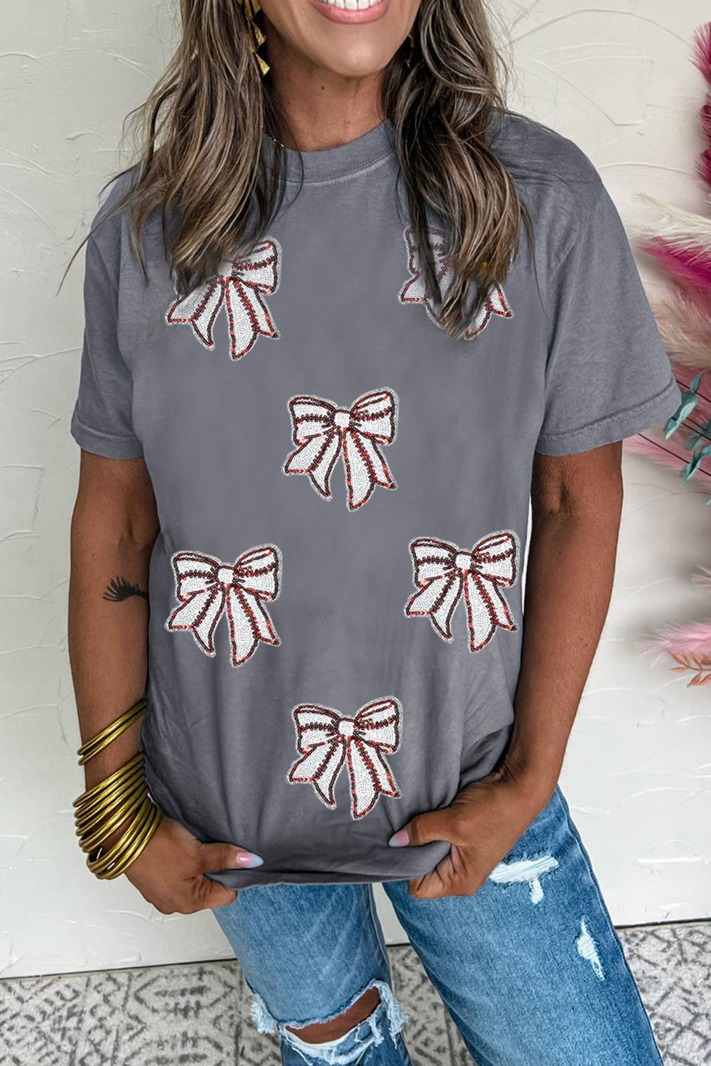 Gray Sequin Bow Baseball Fashion Graphic Tee - loveforevers