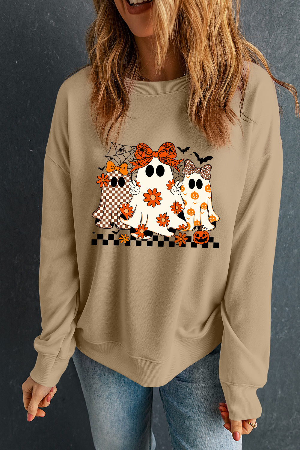 Khaki Cute Halloween Ghost Printed Drop Shoulder Baggy Sweatshirt - loveforevers