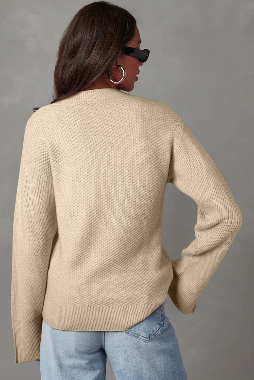 Parchment Solid Textured Knit Split Cuff Drop Shoulder Loose Sweater - loveforevers