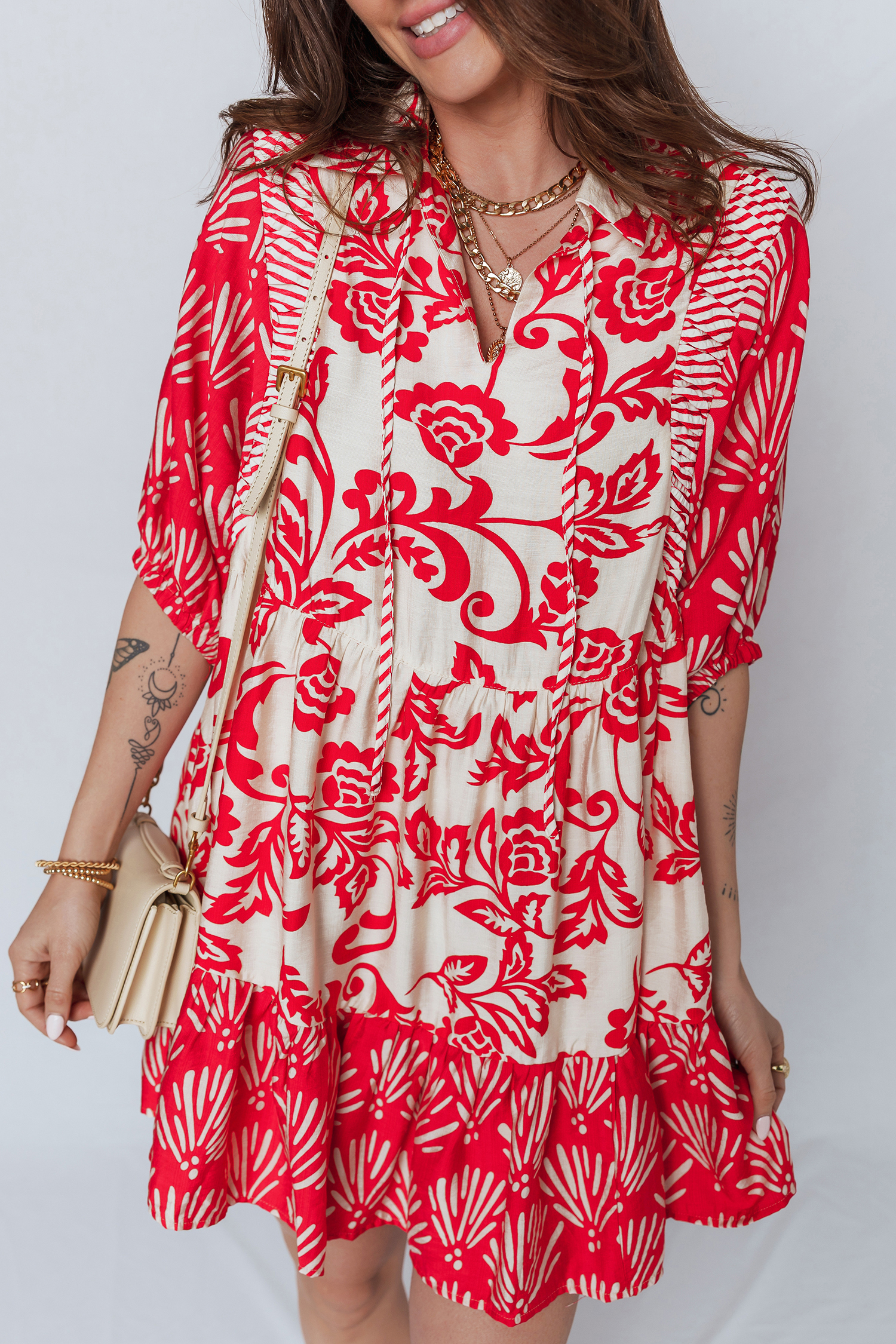 Red Collared V Neck Half Sleeve Loose Flower Mini Dress - loveforevers