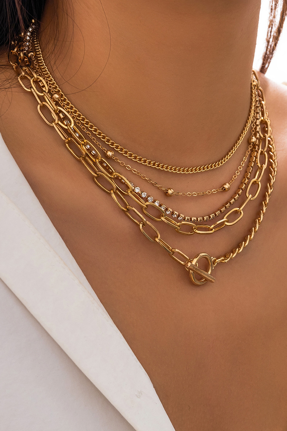 Silvery 5pcs Layered Rhinestone Plated Chain Collarbone Necklaces Set - loveforevers