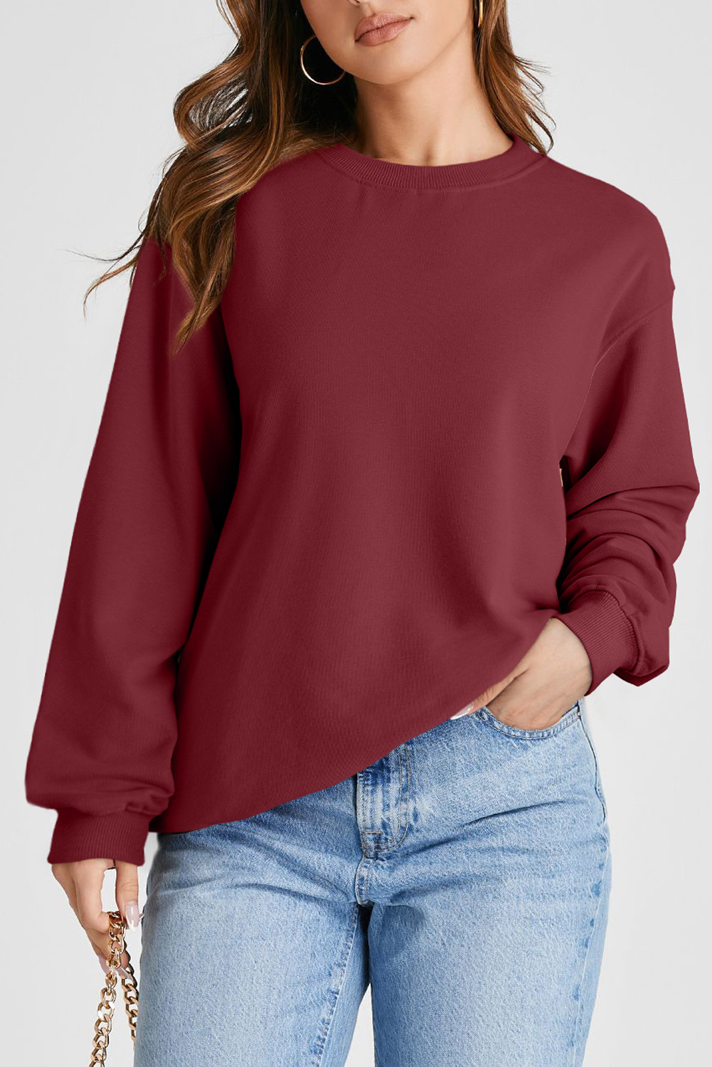 Navy Blue Plain Drop Shoulder Crewneck Pullover Sweatshirt - loveforevers