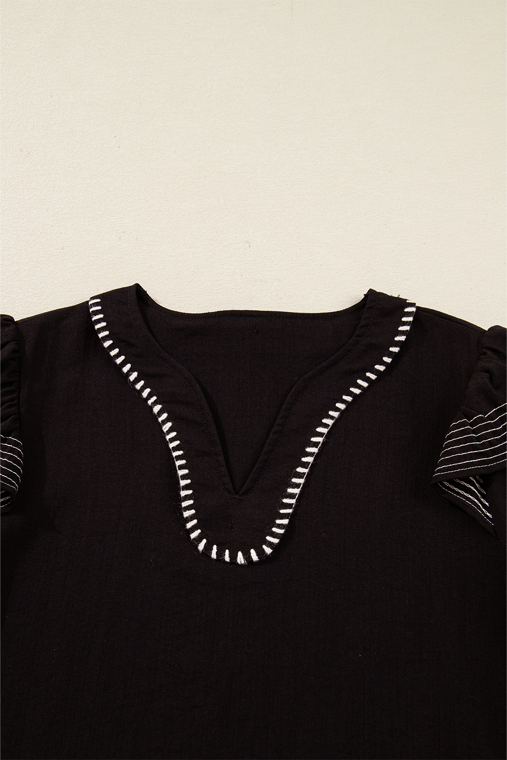 Black Contrast Stitched Detail V Neck Ruffle Long Sleeve Blouse - loveforevers