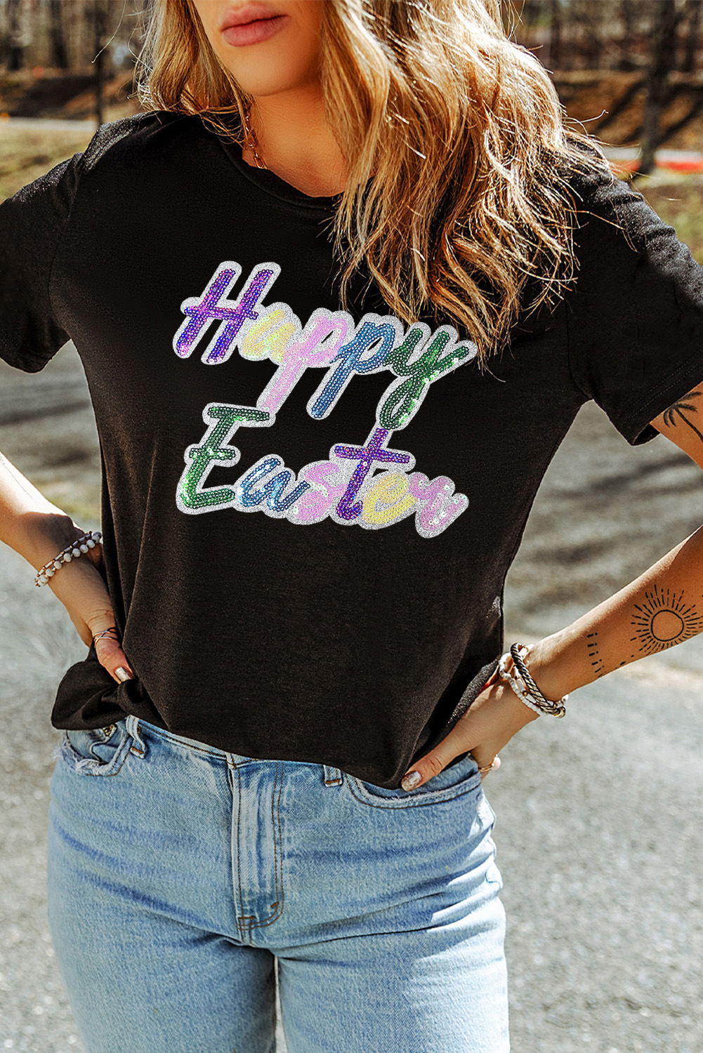 Black Sequined Happy Easter Graphic Tee - loveforevers