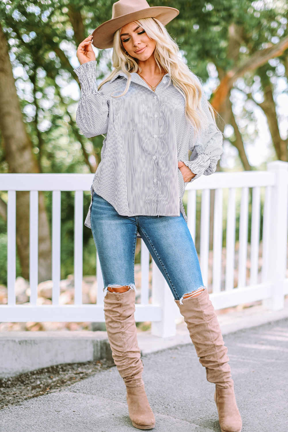 Red Stripe Smocked Cuffed Striped Boyfriend Shirt with Pocket - loveforevers
