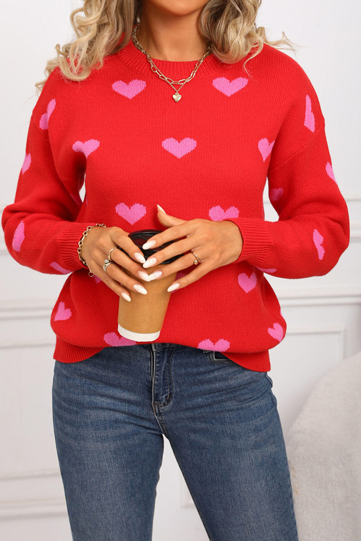 White Classic Round Neck Drop Shoulder Heart Print Sweater - loveforevers