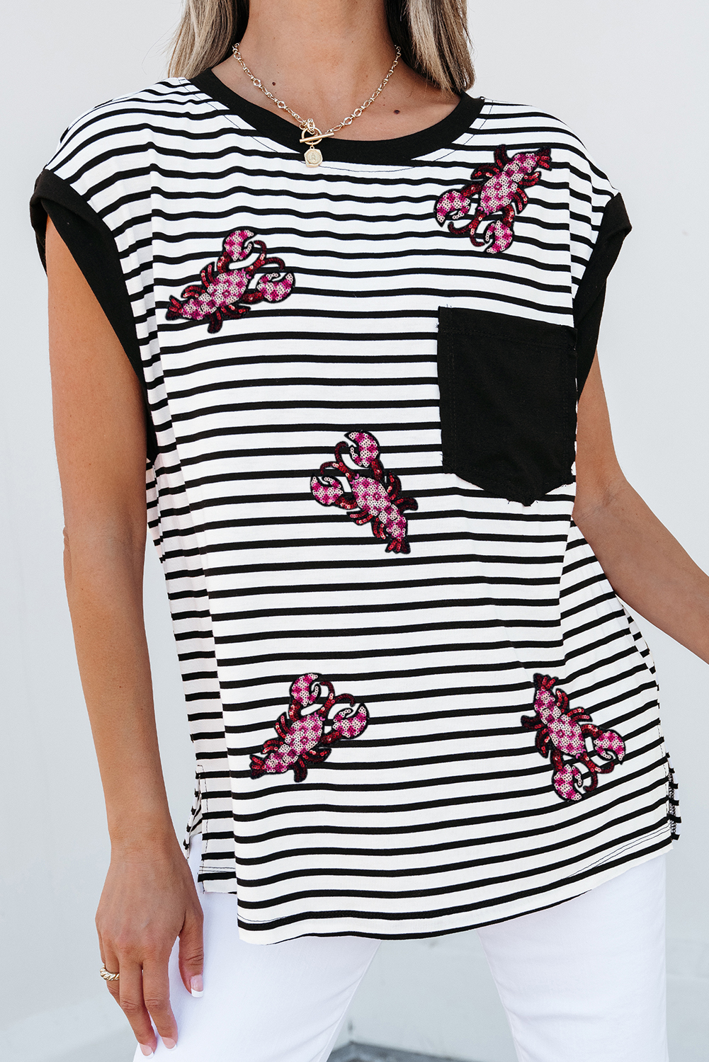 Black Stripe Sequined Lobster Patched Pocket Casual Tank Top - loveforevers