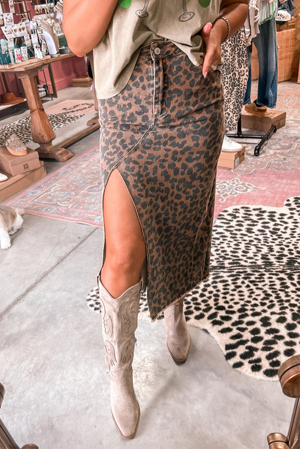 Brown Leopard Denim Frayed Split Denim Midi Skirt - loveforevers