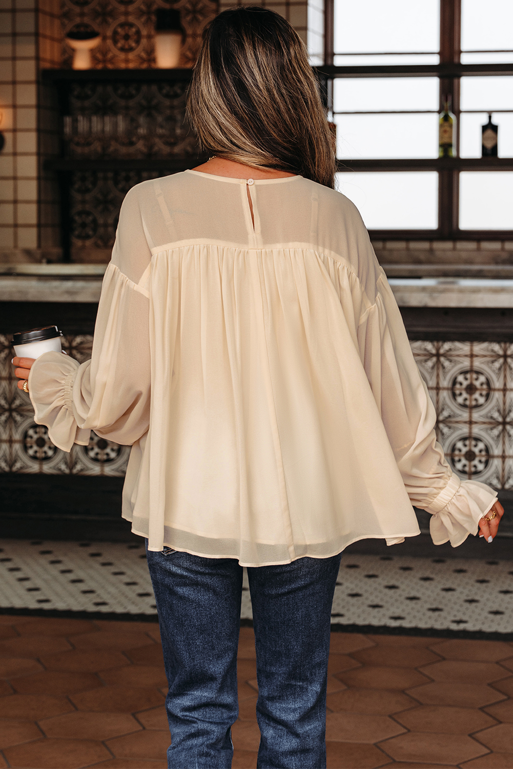 Parchment Pleated Ruffle Long Sleeve Chiffon Blouse - loveforevers
