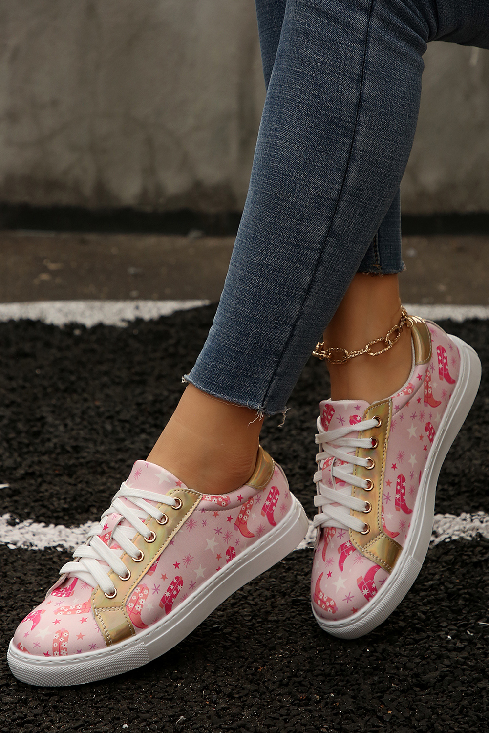 Pink Boots Print PU Leather Lace-up Shoes - loveforevers