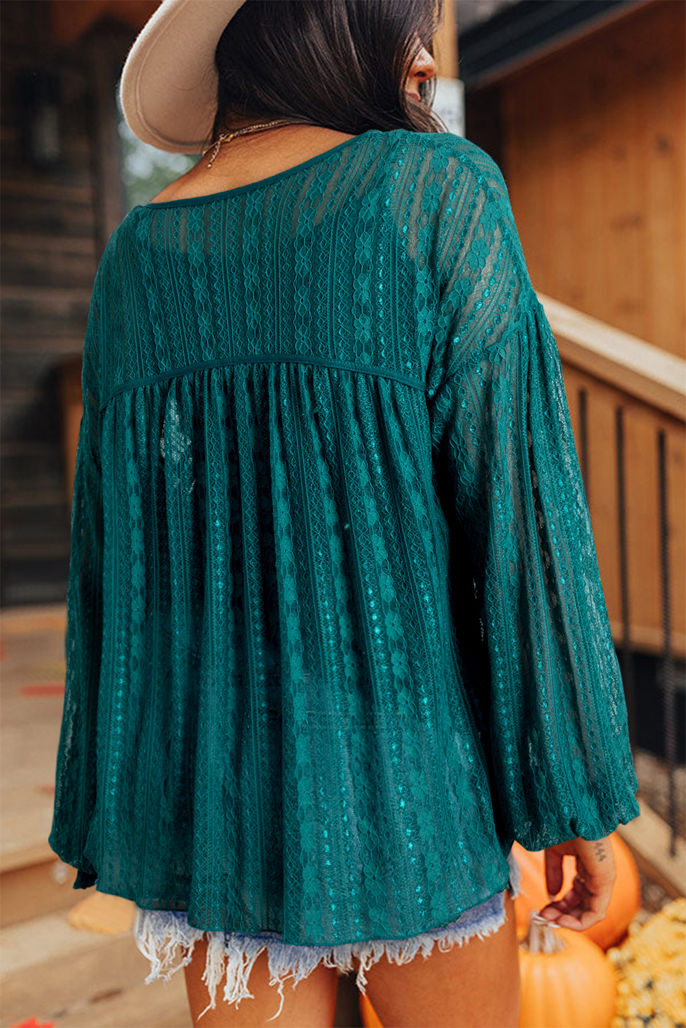 Evergreen Sheer Lace Balloon Sleeve Babydoll Blouse - loveforevers