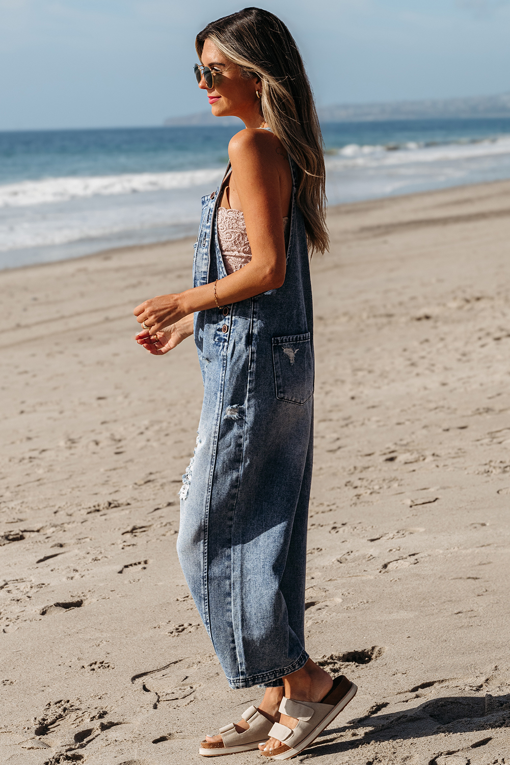 Stone Blue Distressed Bib Pocket Wide Leg Denim Overall - loveforevers
