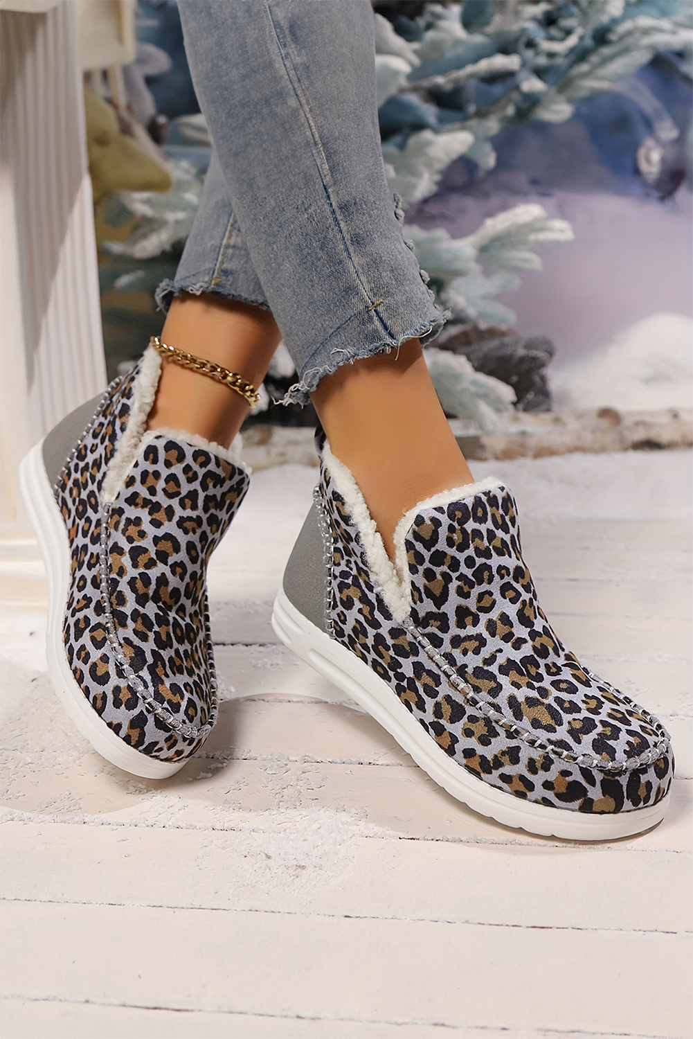 Brown Leopard Print Ankle Patched Flat Winter Fur Boots - loveforevers