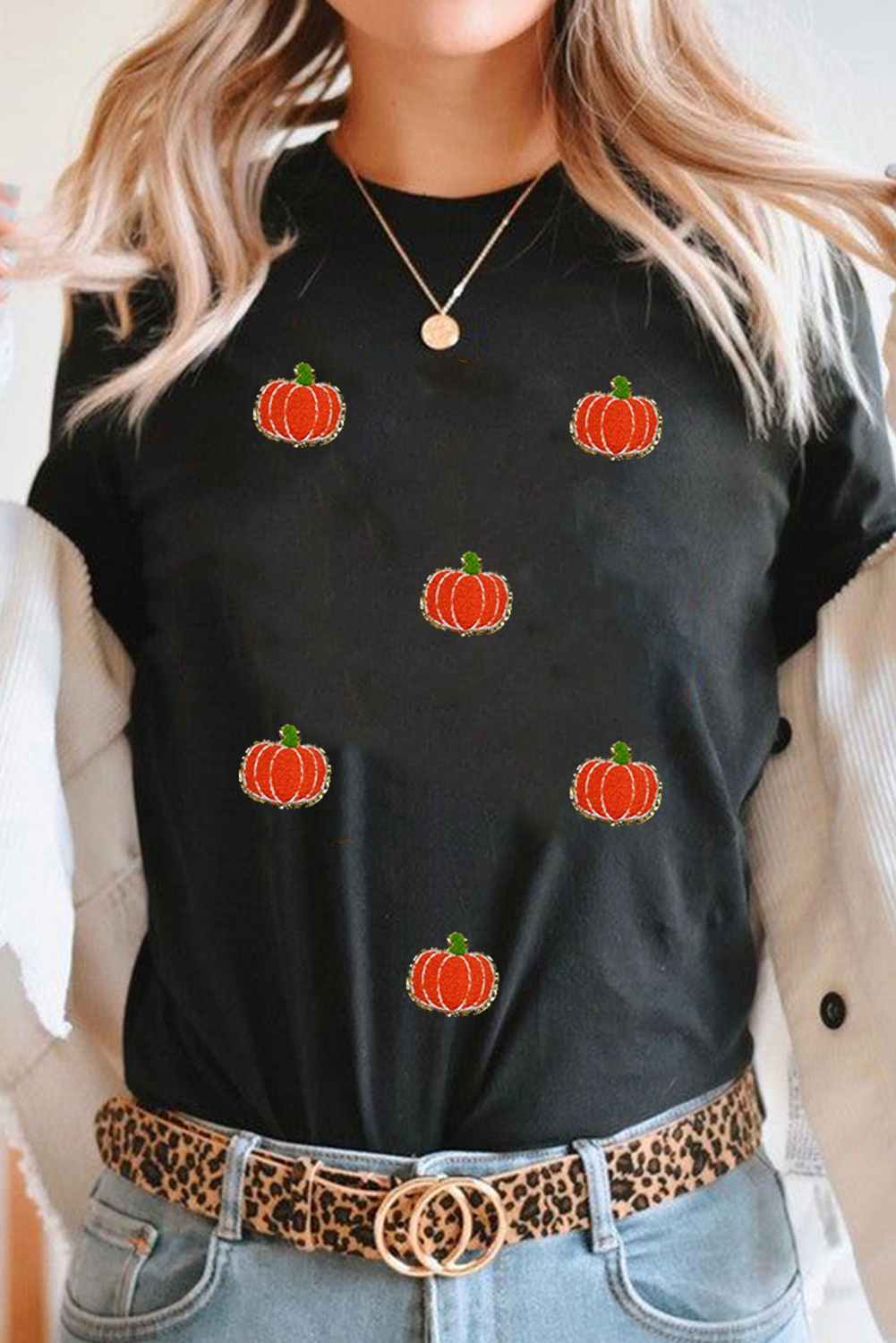 Black Chenille Pumpkin Patched Casual Cotton Blend T Shirt - loveforevers