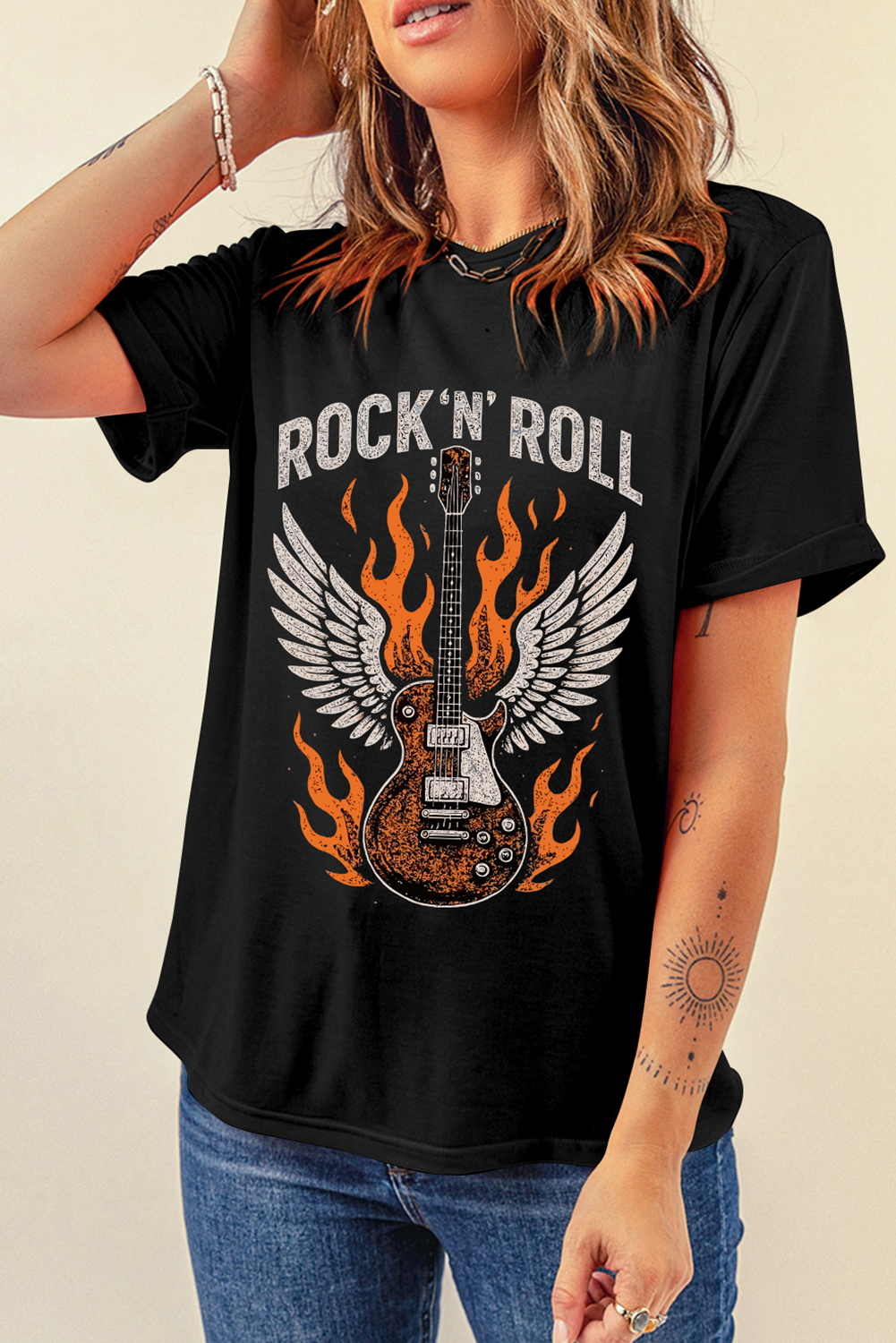 Black Guitar Wings Slogan Print Crew Neck T Shirt - loveforevers