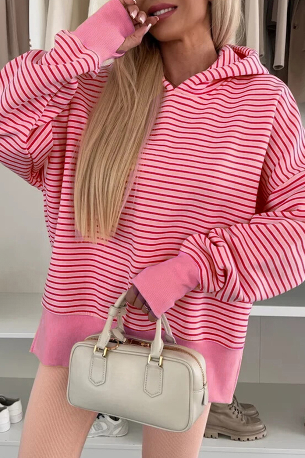 Purple Stripe Thumbhole Side Slits Drop Shoulder Loose Fit Hoodie - loveforevers