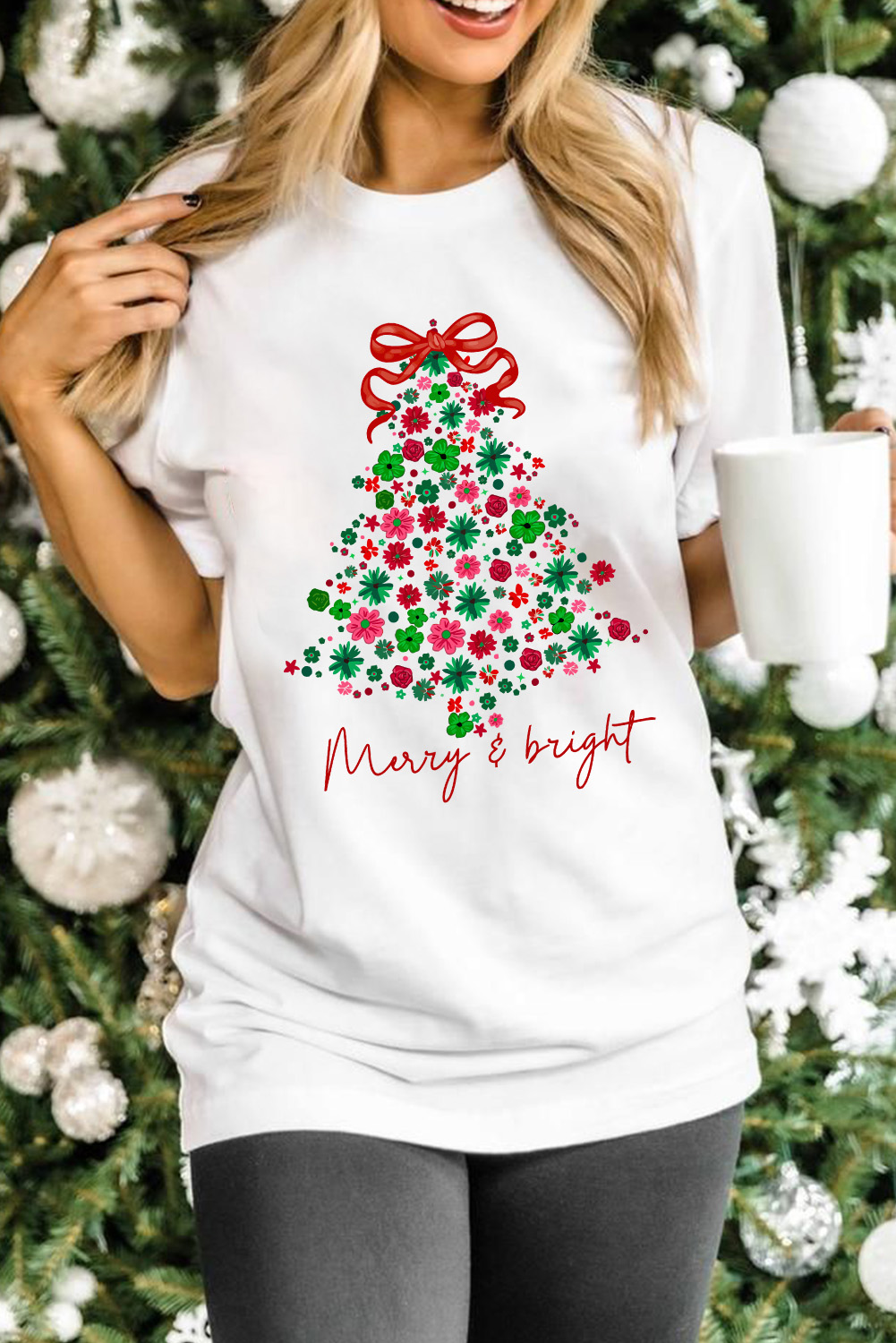 White Merry & Bright Floral Christmas Tree Graphic T Shirt - loveforevers