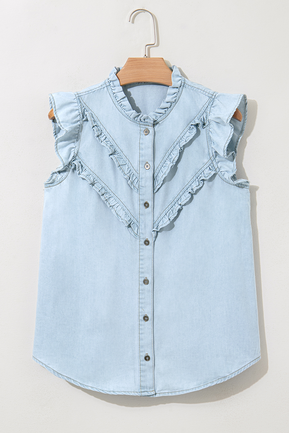 Beau Blue Mineral Wash Frilled Button Up Denim Shirt - loveforevers