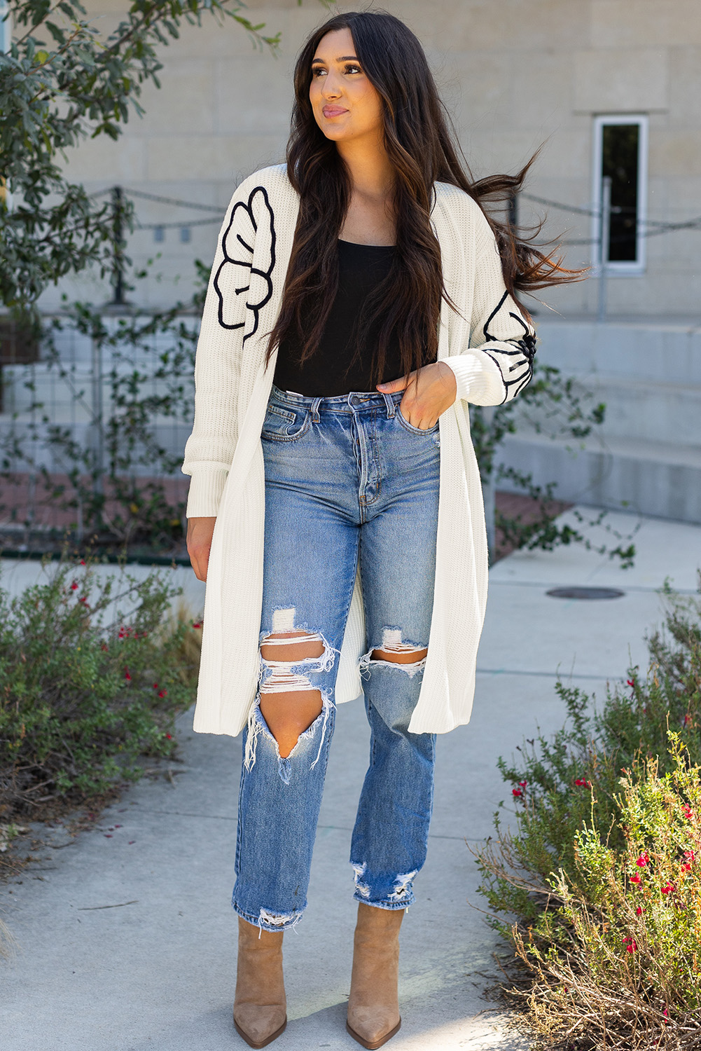 Black Flower Embroidered Drop Shoulder Open Front Duster Cardigan - loveforevers