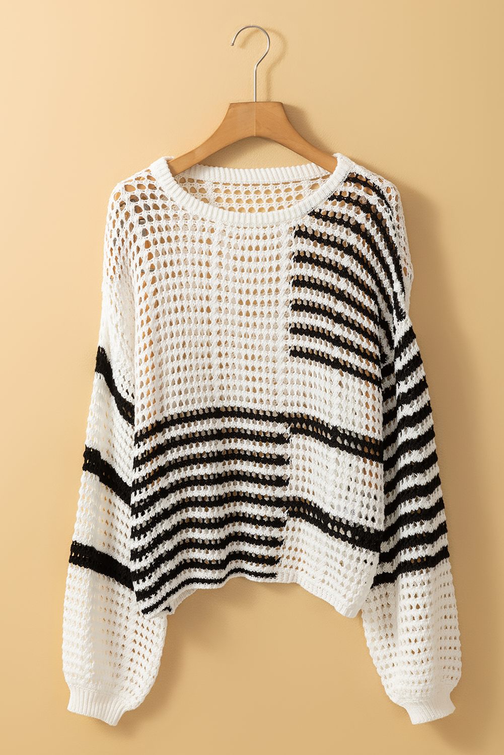 White Stripe Contrast Striped Crochet Puff Sleeve Sweater - loveforevers