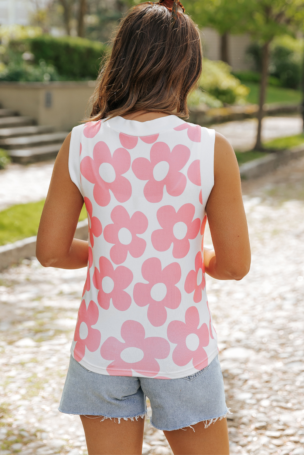 Pink Cute Flower Knitted V Neck Tank Top - loveforevers