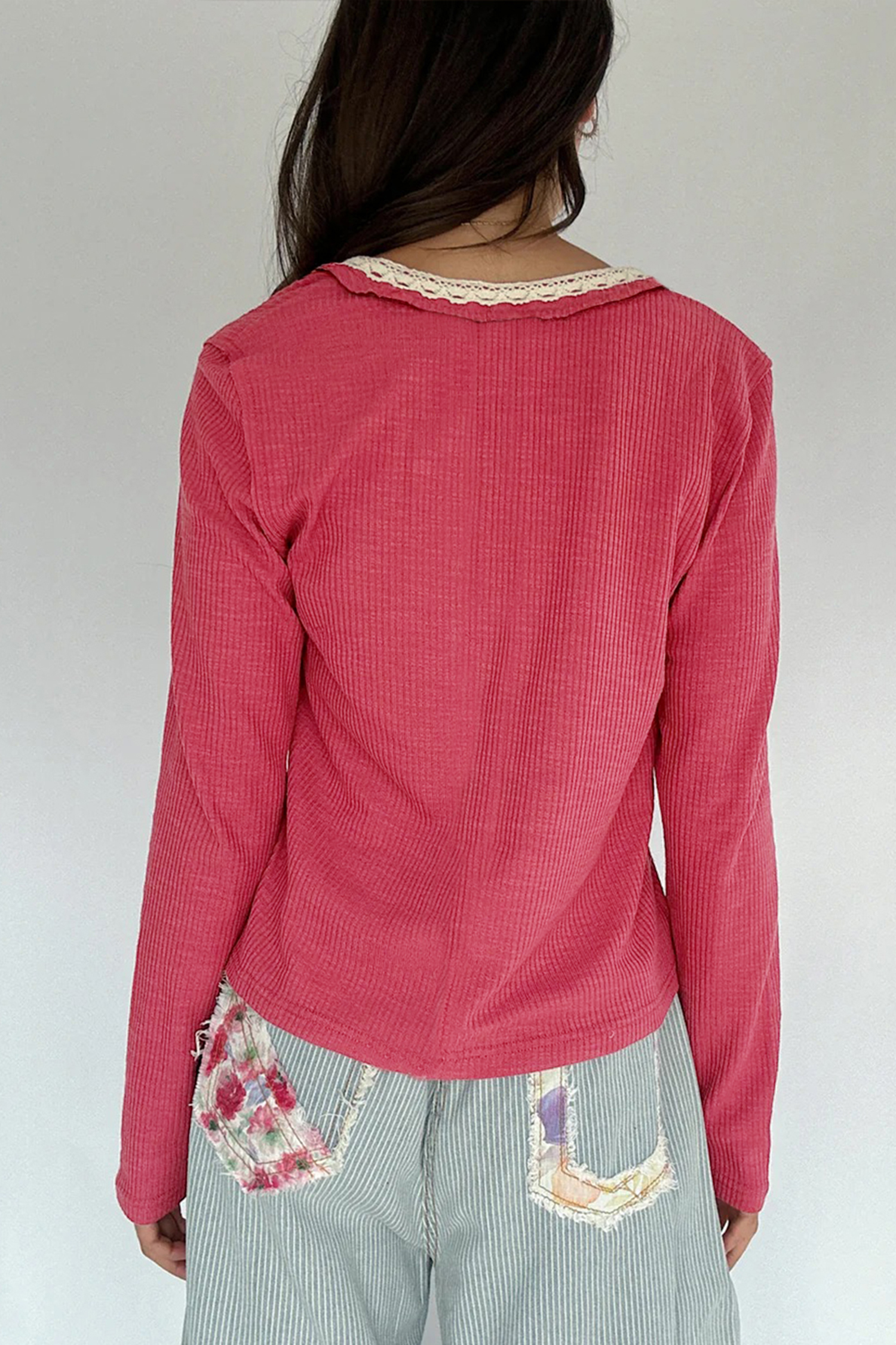 Racing Red Ribbed Texture Contrasted Lace Trim Button V Neck Long Sleeve Top - loveforevers