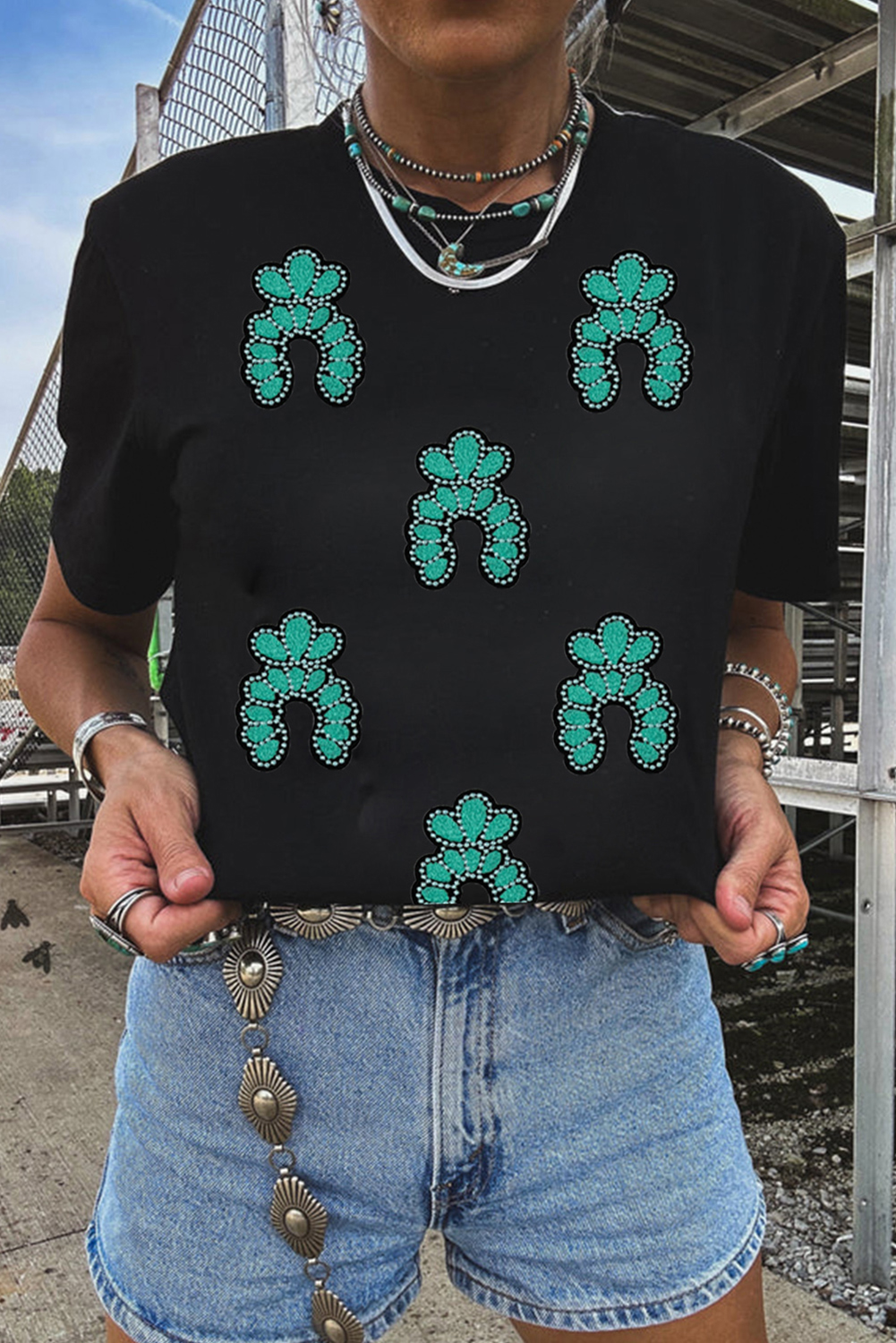 Black Western Turquoise Pattern Sequin Patched T Shirt - loveforevers