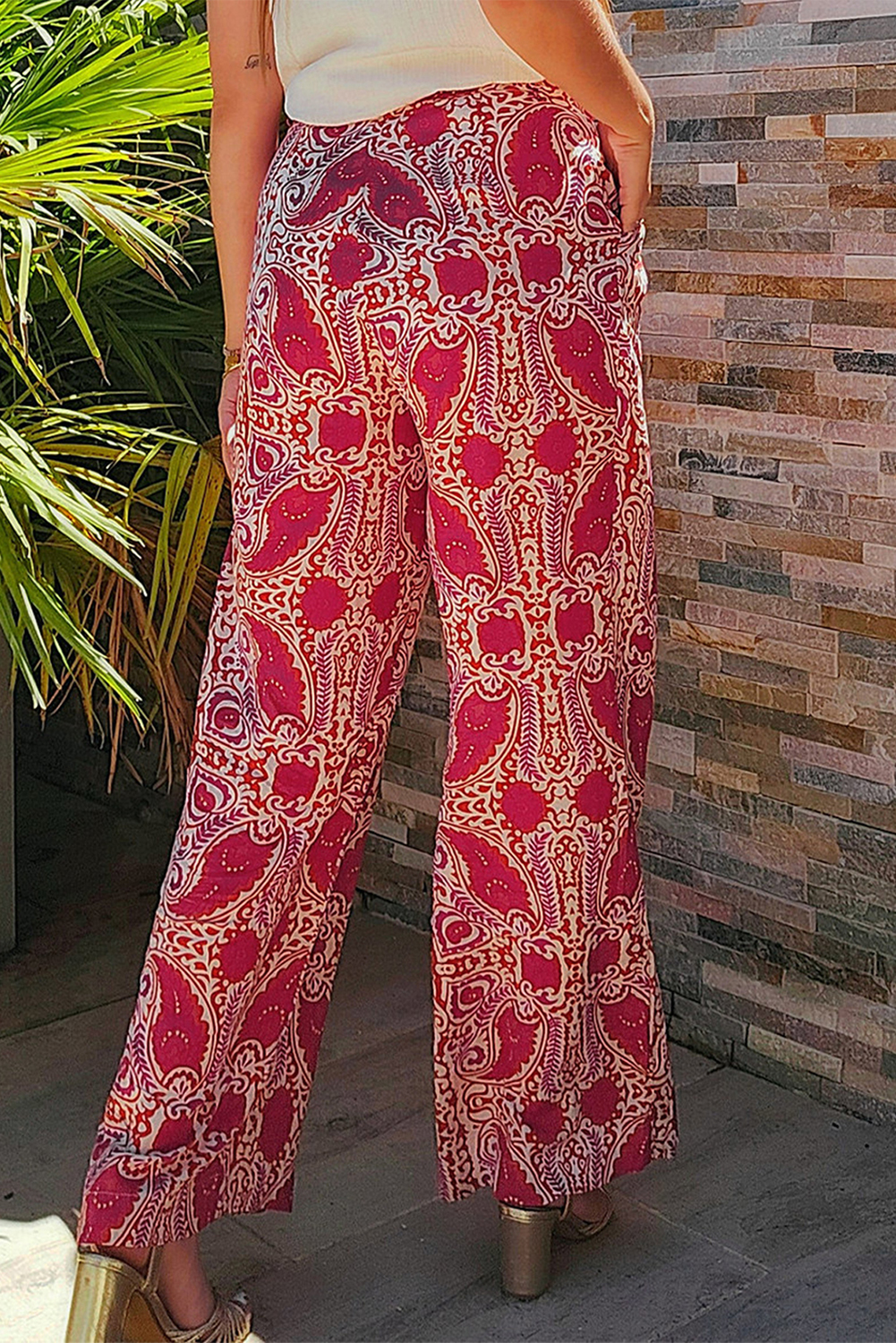 Red Paisley Printed Buttoned High Waist Straight Leg Pants - loveforevers