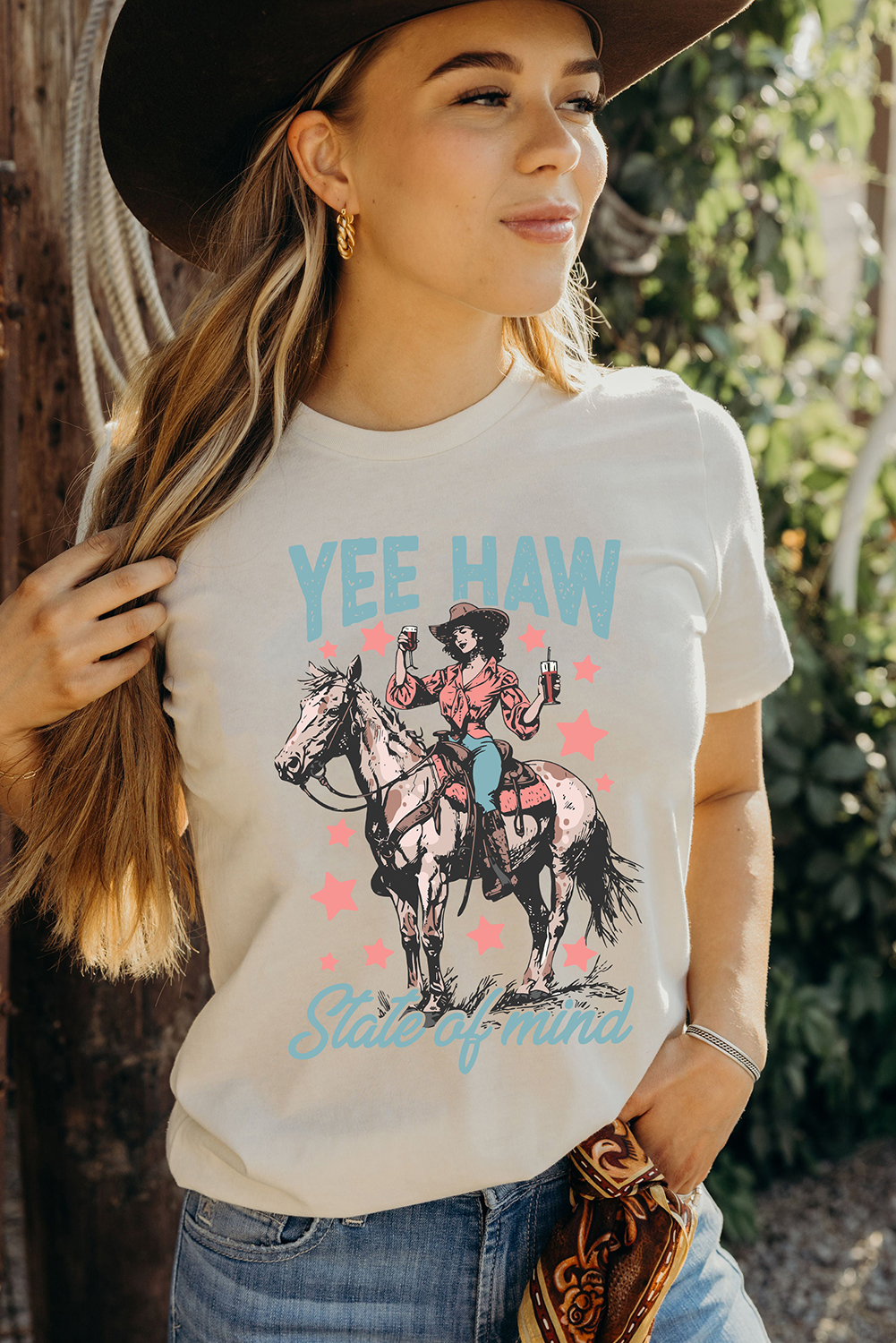 White YEE HAW State of  mind Cowgirl Graphic Western Fashion Tee - loveforevers