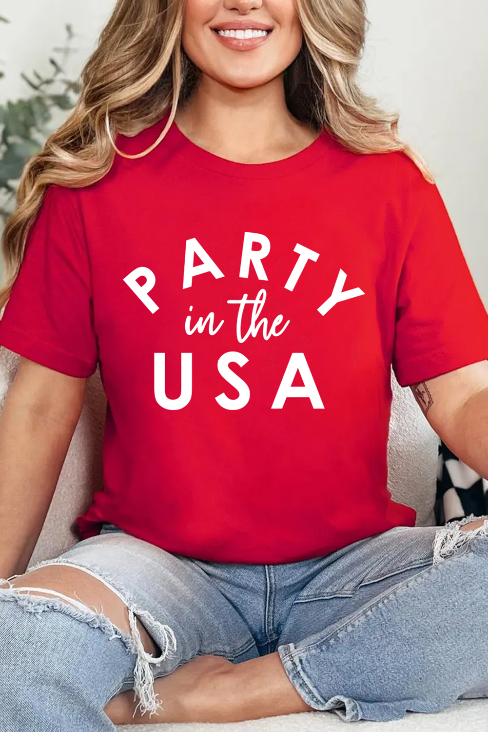 Red PARTY in the USA Printed Independence Day T Shirt - loveforevers