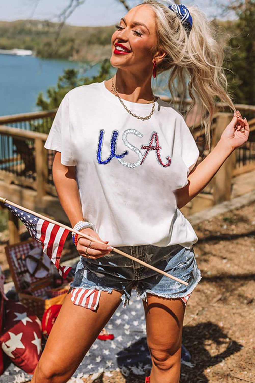 White Sequin USA Graphic Crew Neck Patriotic Tee - loveforevers