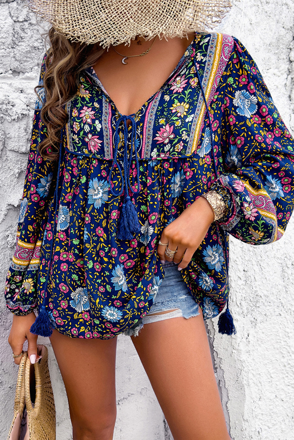 Blue Bohemian Floral Print Tassel Tie Front Long Sleeve Blouse - loveforevers