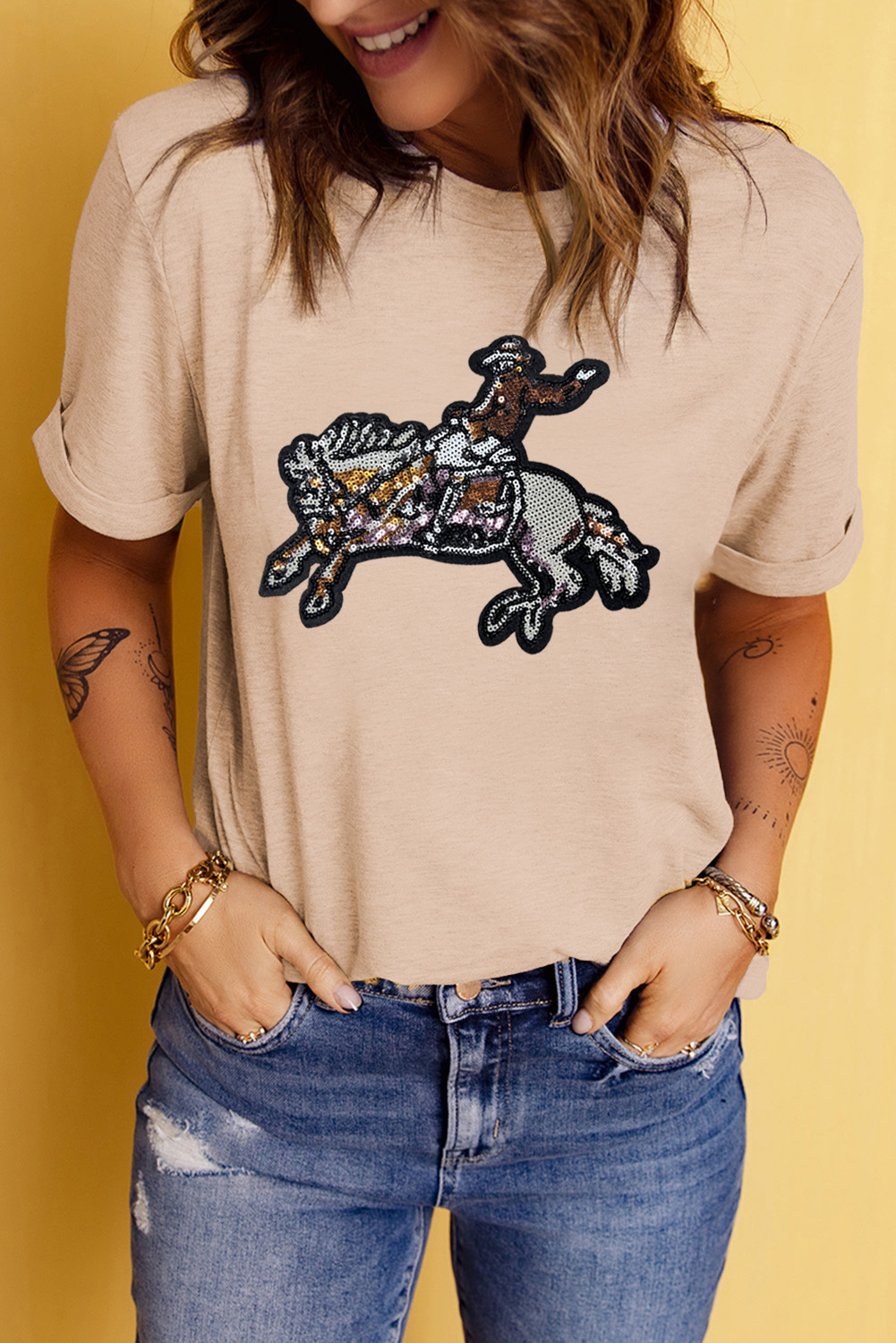 Khaki Sequin Rodeo Graphic Crewneck Tee - loveforevers