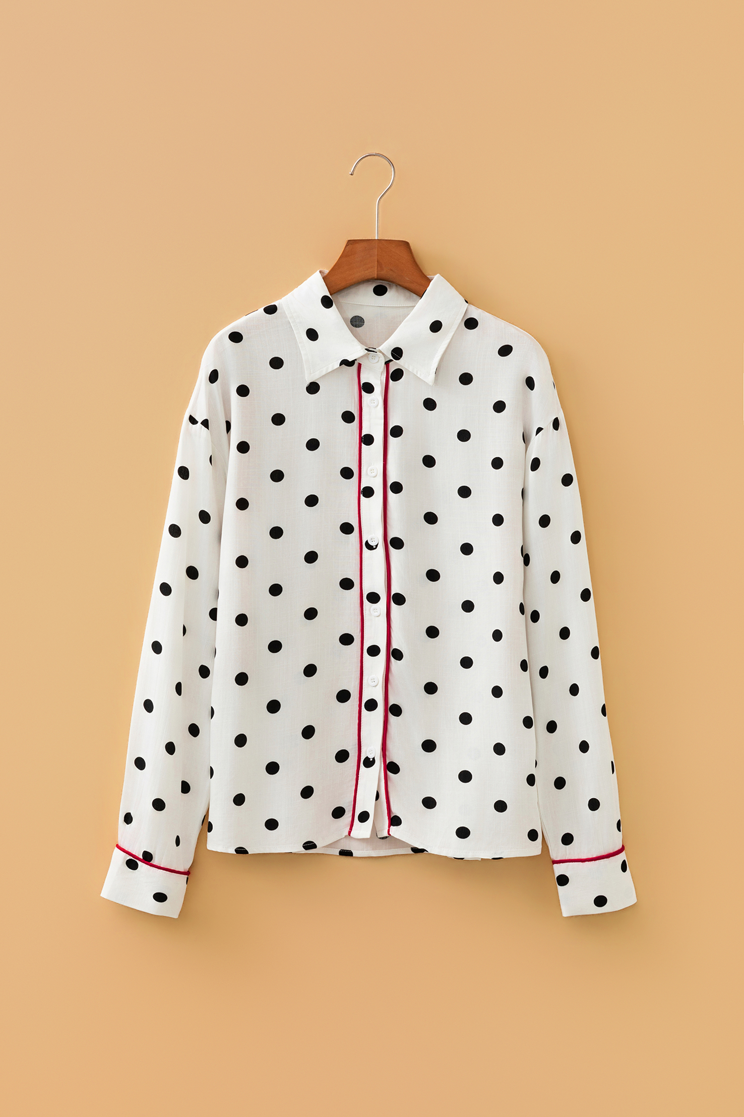 White Polka Dot Print Contrast Piping Elegant Shirt - loveforevers
