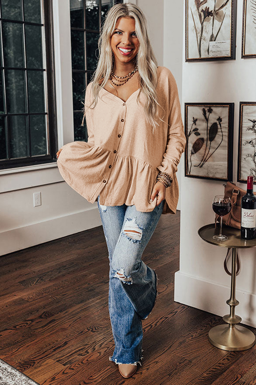 Jet Stream Ruffled V Neck Buttoned V Neck Shirt - loveforevers