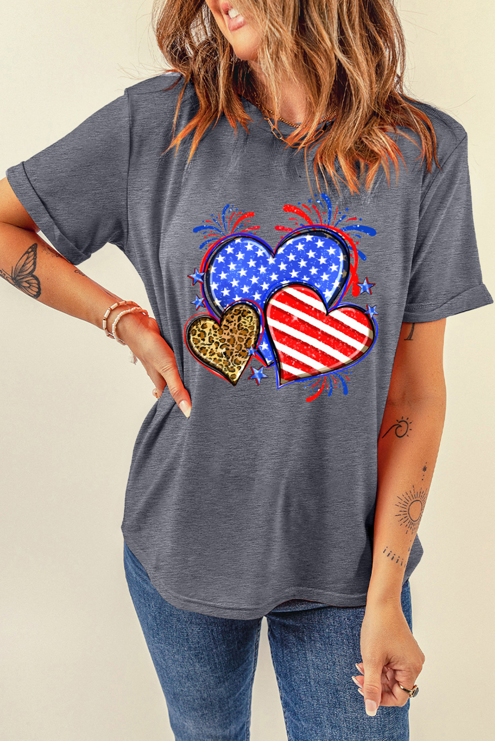 Gray American Heart July 4th Celebration Graphic T Shirt - loveforevers