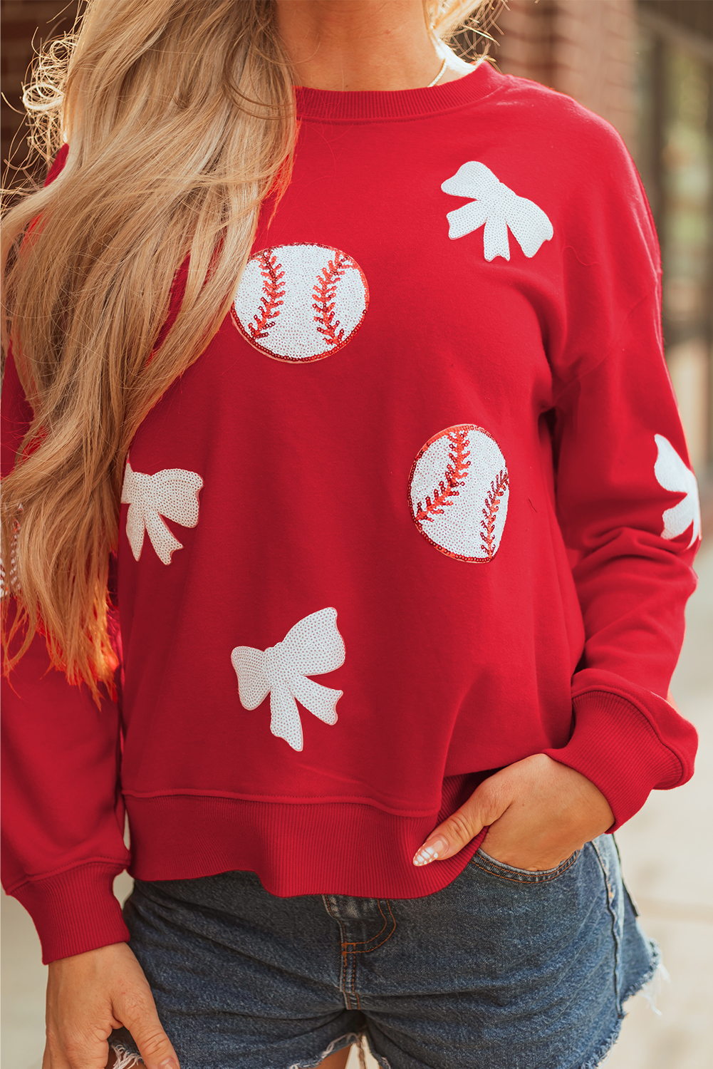 Red Sequin Baseball Bow Patched Pattern Game Day Pullover Sweatshirt - loveforevers