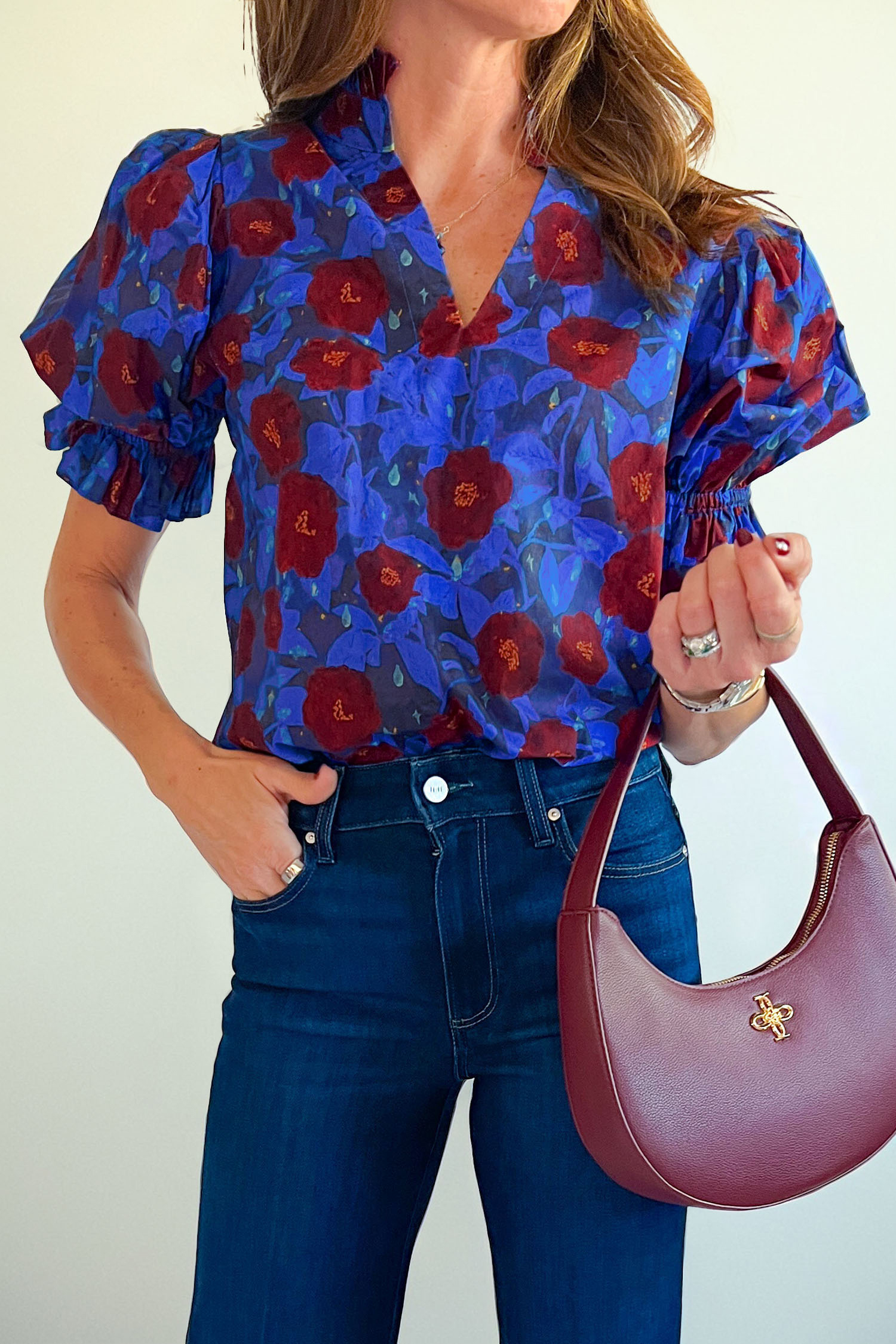 Blue Ruffled Short Balloon Sleeve Frilled V Neck Floral Blouse - loveforevers