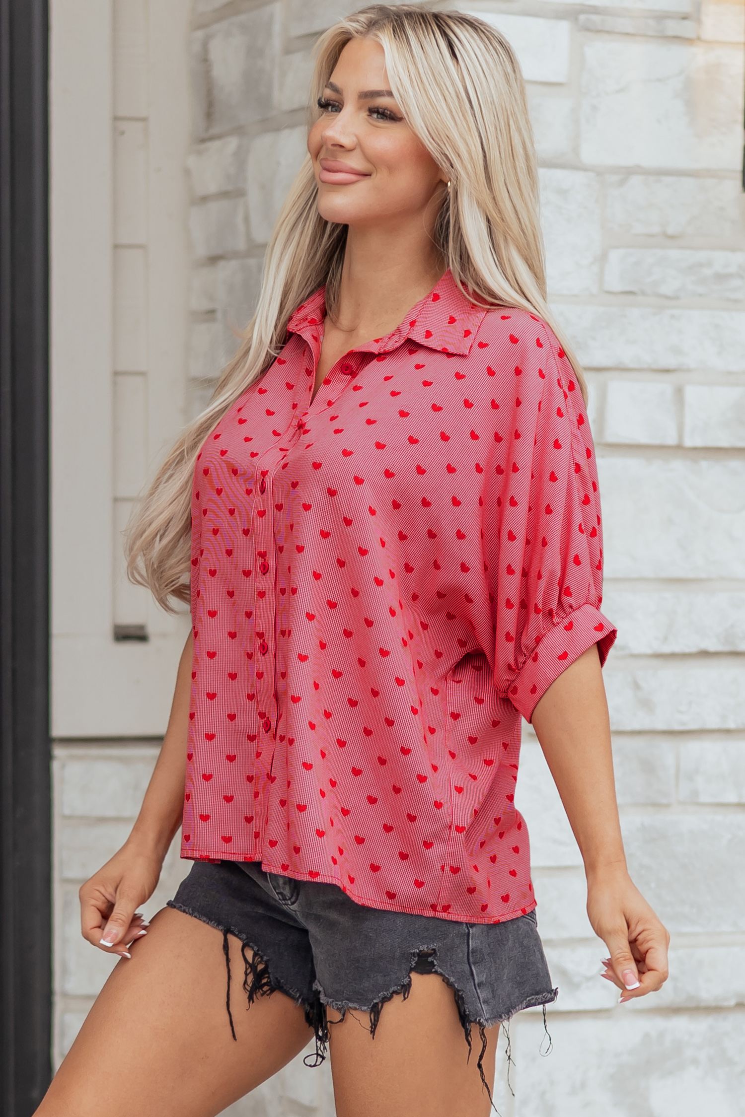Red Heart Shape Print Half Sleeve Loose Valentine Shirt - loveforevers